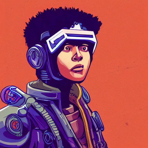 Prompt: in the style of max prentis and deathburger and laurie greasley a young mixed race male explorer wearing a cyberpunk headpiece who is communicating with a giant wise decaying robot head, highly detailed, 8k wallpaper
