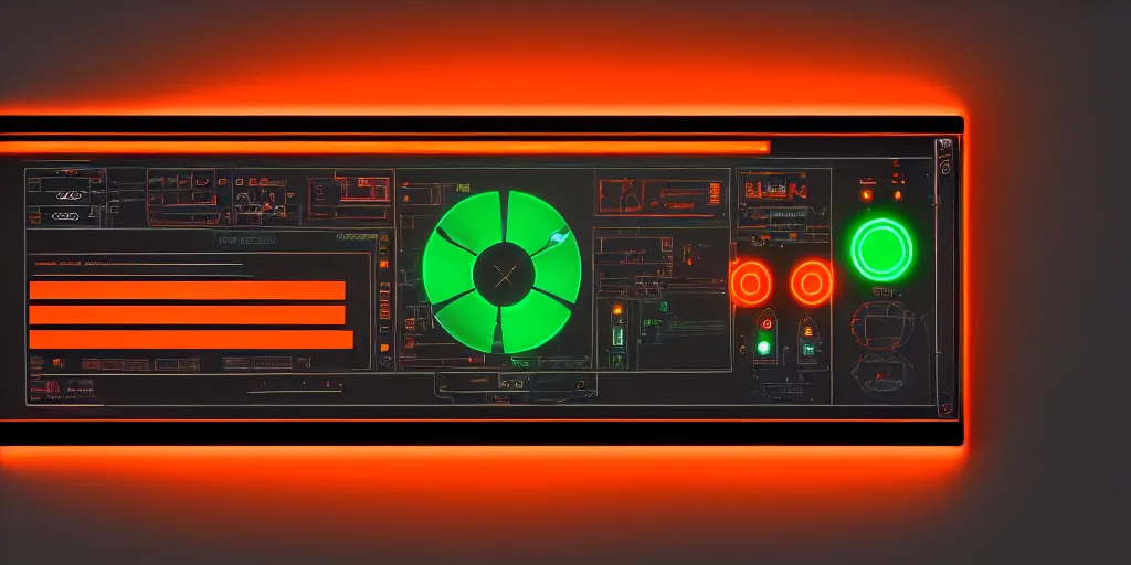 Prompt: photo of glowing control panel, full screen, orange and black, glowing lights, led, screens, graphs, realistic, photorealistic, hyperrealistic, not rotated, highly detailed, focused, clear, crisp, sharp, trending on artstation