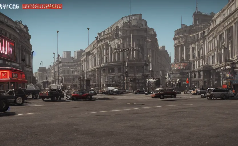 Image similar to Post apocalyptic Picadilly Circus, highly detailed, 4k, unreal engine