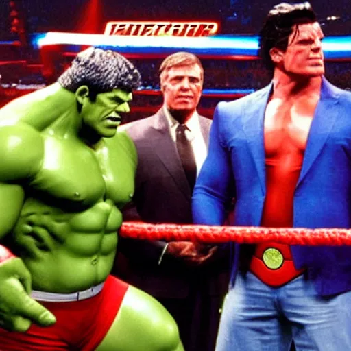 Image similar to supermen and hulk at WWE smacking down Vince McMahon