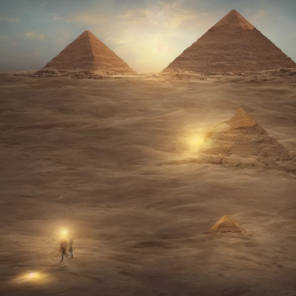 Prompt: “ a woman sees a paradox in front of her unfolding, a golden light shines above, a golden pyramid appears on the horizon, highly detailed in 4 k ”