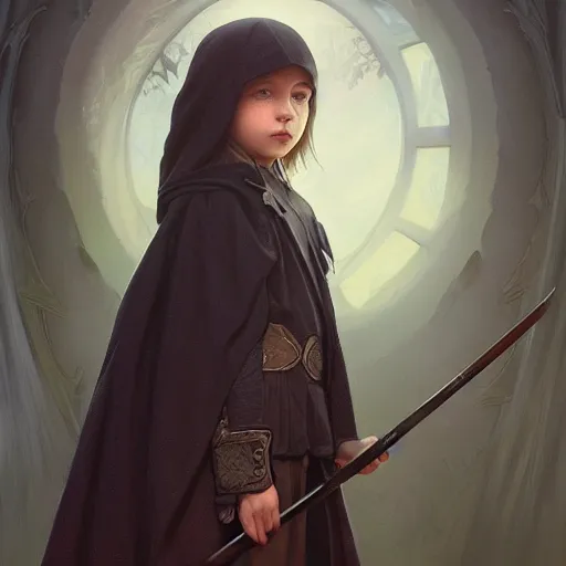 Image similar to perfectly - centered - portrait of a kid wearing black cloak holding stick, intricate, highly detailed, digital painting, artstation, concept art, smooth, sharp focus, illustration, unreal engine 5, 8 k, art by artgerm and greg rutkowski and alphonse mucha