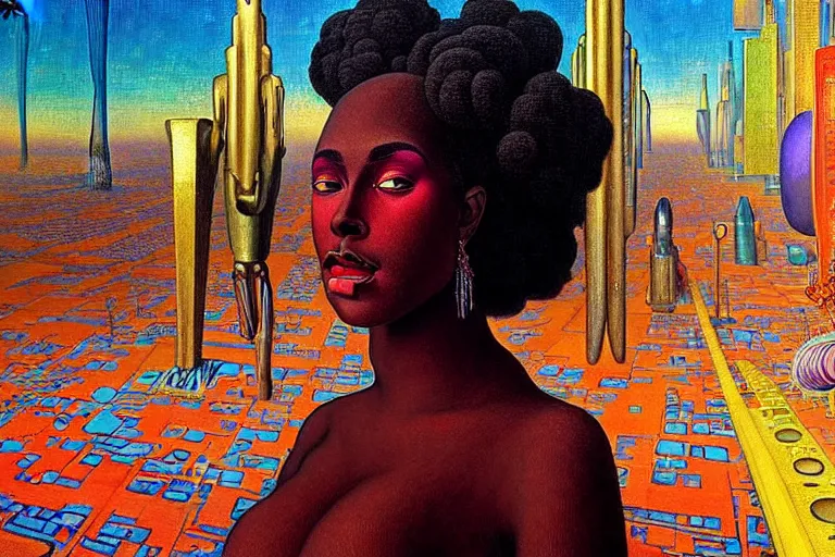 Prompt: realistic extremely detailed closeup portrait painting of a beautiful black woman in a dress with supercomputer robot, city street on background by Jean Delville, Amano, Yves Tanguy, Ilya Repin, Alphonse Mucha, Ernst Haeckel, Edward Hopper, Edward Robert Hughes, Roger Dean, rich moody colours