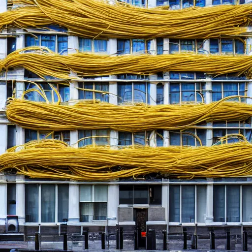 Image similar to mc escher building in london covered in spaghetti