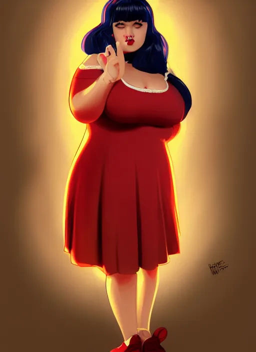 Image similar to full body portrait of teenage veronica lodge, obese, bangs, sultry, realistic, sultry smirk, wavy hair, red skirt, fat, belly, intricate, elegant, glowing lights, highly detailed, digital painting, artstation, concept art, smooth, sharp focus, illustration, art by wlop, mars ravelo and greg rutkowski