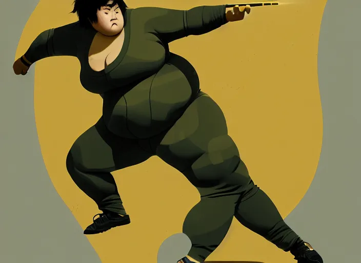 Prompt: duotone olive green gray illustration 3 / 4 portrait of fat woman fighting bruce lee style. dynamic chaotic composition random golden renaissance proportion. author sachin teng and sergei wheelsov and ruan jia and heng z. graffiti art, scifi, sci - fi, hyper detail. octane rendering. concept art. trend on artstation