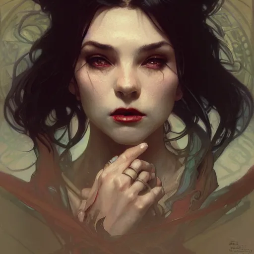 Prompt: portrait of a vampire by Stanley Artgerm Lau , greg rutkowski, thomas kindkade, alphonse mucha, loish, norman rockwell. Trending on artstation rule of thirds detailed illustration hd 4k