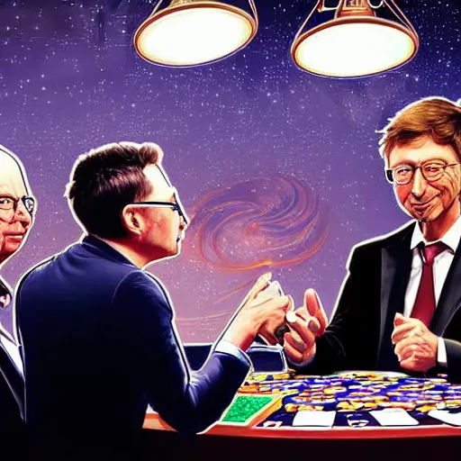 Image similar to UHD photorealistic Elon Musk playing poker with Satoshi Nakamoto, Klaus Schwab, and Bill Gates, hyperrealistic, correct details, cosmic dynamic lighting, symmetrical faces, accurate faces, in the style of art nouveau