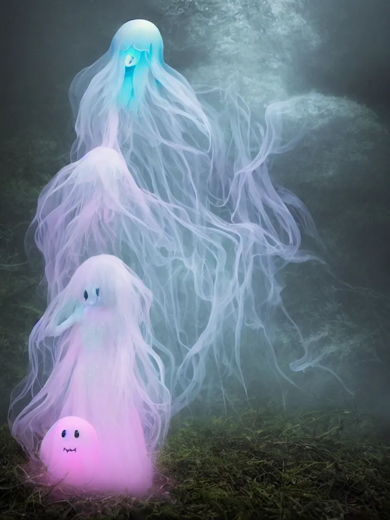 Prompt: cute fumo plush smiling ectoplasmic gothic jellyfish ghost girl waving in deep fog over mysterious waters, reflective river bank in the midst of a forgotten forest, glowing pink wisps of hazy green smoke and eerie blue volumetric fog swirling about, moonlight, glowing lens flare, black and white, refraction, vray