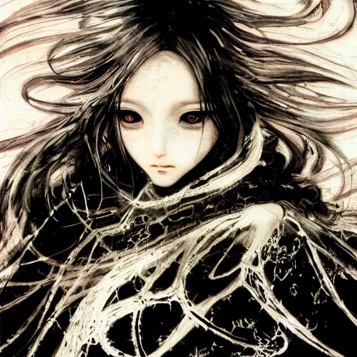 Image similar to Yoshitaka Amano blurred and dreamy illustration of an anime girl with wavy white hair and cracks on her face wearing Elden ring armour with the cape fluttering in the wind, abstract black and white patterns on the background, noisy film grain effect, highly detailed, Renaissance oil painting, weird portrait angle