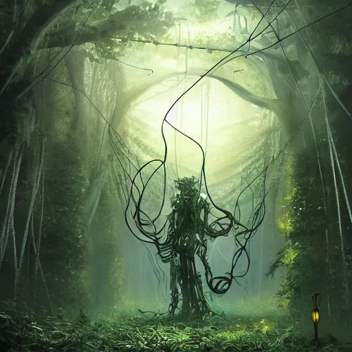 Image similar to large mechanical creature in ethereal forest with vines hanging from the trees, glowing fireflies scattered, desaturated, mystical, sharp focus, highly detailed, artgerm, cgsociety