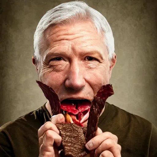 Image similar to Fantasy portrait of a big human fighter eating beef jerky who either looks really good for a 70 year old man or really bad for a 50 year old man