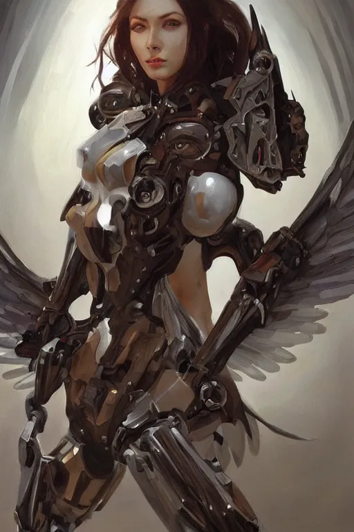 Prompt: a professional painting of a beautiful fallenangel mech woman, warhammer style , olive skin, long dark hair, beautiful bone structure, symmetrical facial features, intricate, elegant, digital painting, concept art, smooth, sharp focus, illustration, from Metal Gear, by Ruan Jia and Mandy Jurgens and Artgerm and William-Adolphe Bouguerea