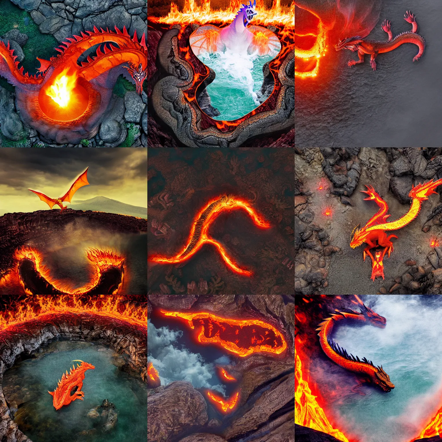 Prompt: photoshop of a mythological western fantasy dragon animal bathing in lava, cryptid, unexplained phenomena, drone photography