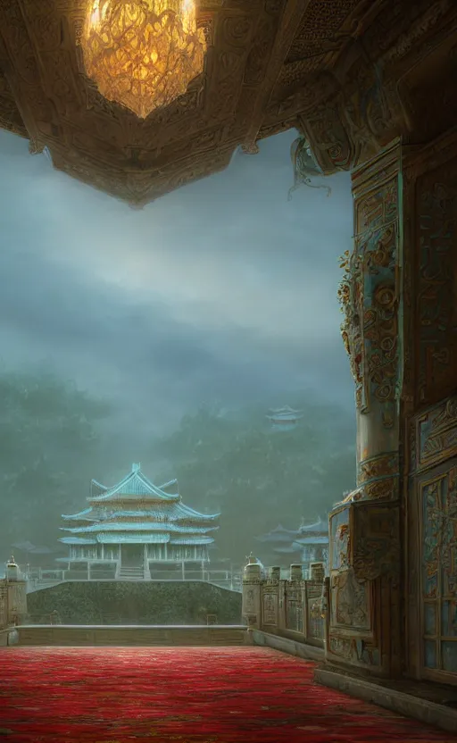 Image similar to vanishing point, palace covered with aqua blue roses like the forbidden city in distance at the red rose royal manor, viewed from afar, stephen bliss, misty, unreal engine, fantasy art by greg rutkowski, loish, ferdinand knab, and lois van rossdraws,, global illumination, radiant light, minimalist, detailed and intricate environment