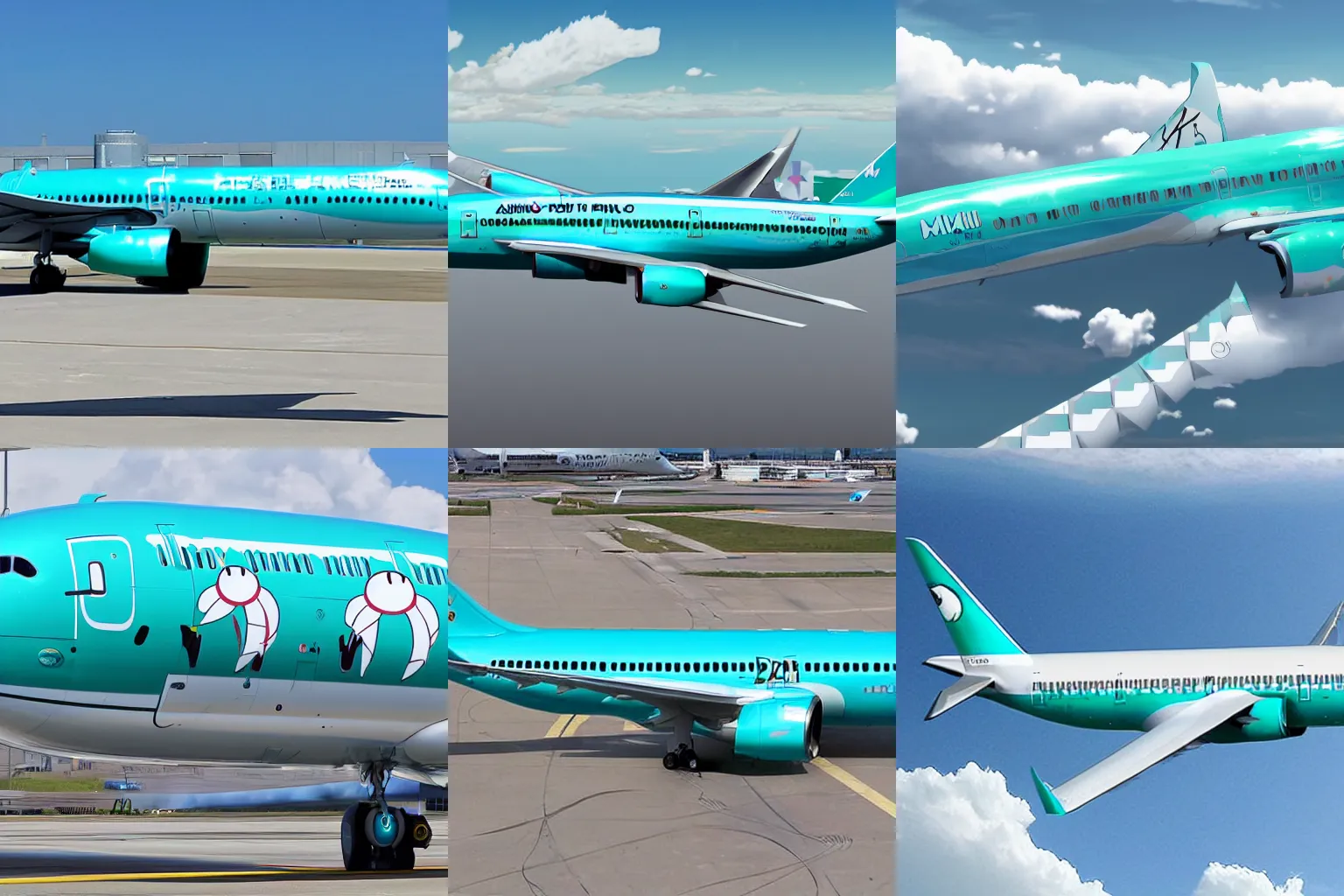 Prompt: hatsune miku plane. a plane in the style of hatsune miku, with hatsune miku propaganda on it