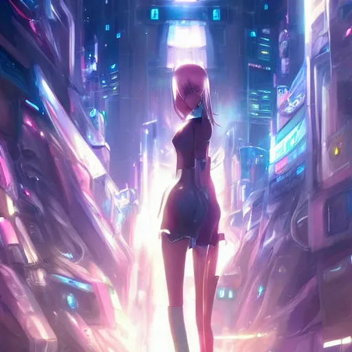 Image similar to A realistic anime painting of a beautiful female radiant knight standing in a futuristic city. digital painting by Sakimichan, Makoto Shinkai, WLOP, Rossdraws, Pixivs and , digital painting. trending on Pixiv. SFW version —H 1080 —W 1920