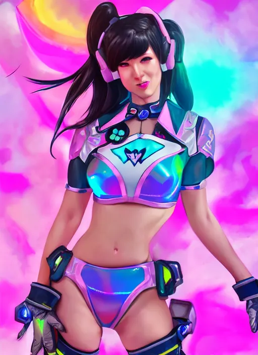 Image similar to full body digital artwork of dva overwatch, wearing iridescent rainbow latex bikini, 4 k, expressive happy smug expression, makeup, in style of mark arian, wearing detailed pink leather collar, wearing chains, detailed face and eyes,