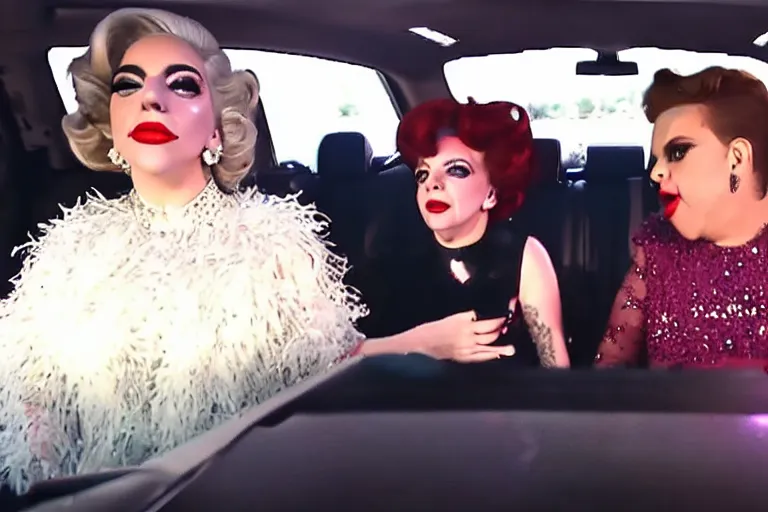 Image similar to lady gaga and judy garland doing carpool karaoke, lady gaga and judy garland, carpool karaoke, lady gaga, judy garland, carpool karaoke, youtube video screenshot, the late late show with james corden, higly realistic, high resolution, dashcam