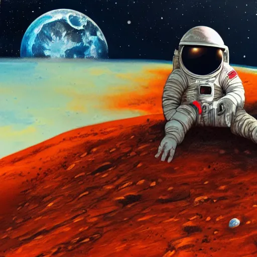 Image similar to an astronaut laying on mars in the style of flooko, acrylic art, detailed, moonlight,