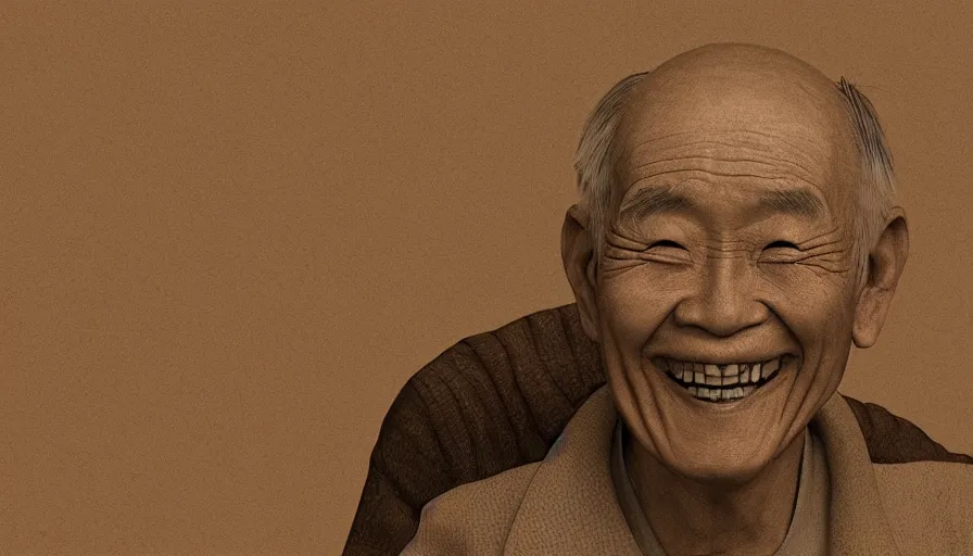 Image similar to 80 year old Japanese man smiling in sepia, hyperdetailed, artstation, cgsociety, 8k