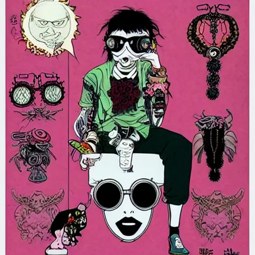 Image similar to a eccentric goth guy wearing goggles and eclectic jewelry, small details, aesthetic!!!, by harumi hironaka, by moebius, by geof darrow, by jamie hewlett,