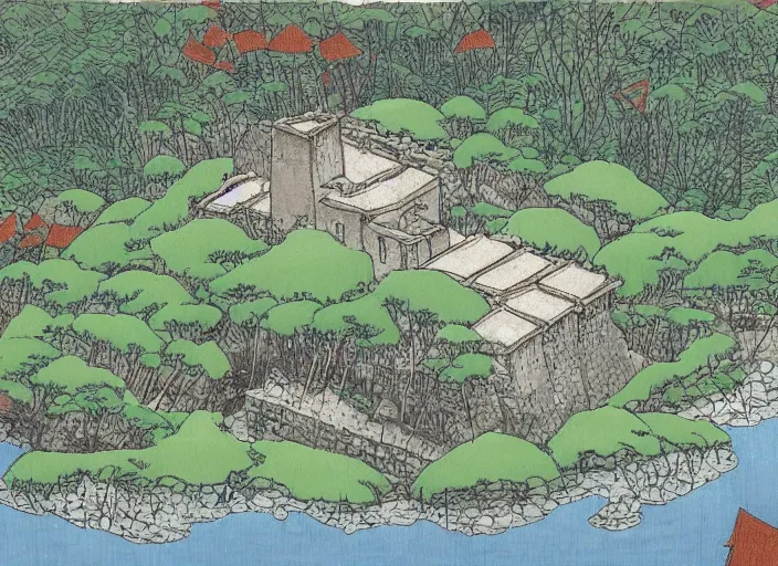 Image similar to japanese fortress in a city inside the forest by studio ghibli painting