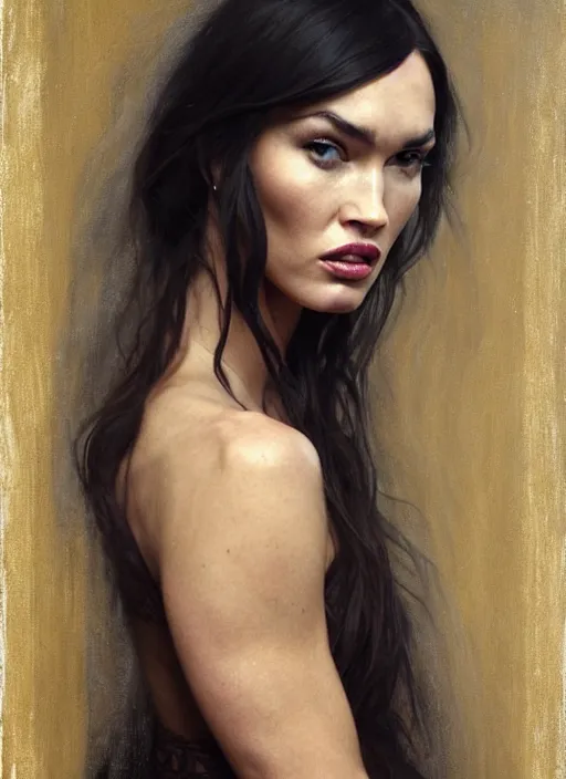 Image similar to megan fox dressed like a queen on a throne, calm, fantasy character portrait, dynamic pose, above view, artwork by jeremy lipkin and giuseppe dangelico pino very coherent asymmetrical artwork, sharp edges, perfect face, simple form, 1 0 0 mm