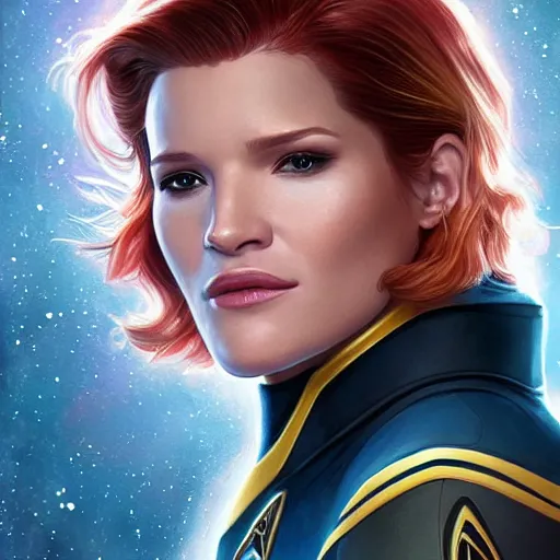 Image similar to ultra realistic illustration, bella thorne as captain janeway wearing star trek uniform, intricate, elegant, highly detailed, digital painting, artstation, concept art, smooth, sharp focus, illustration, art by artgerm and greg rutkowski and alphonse mucha