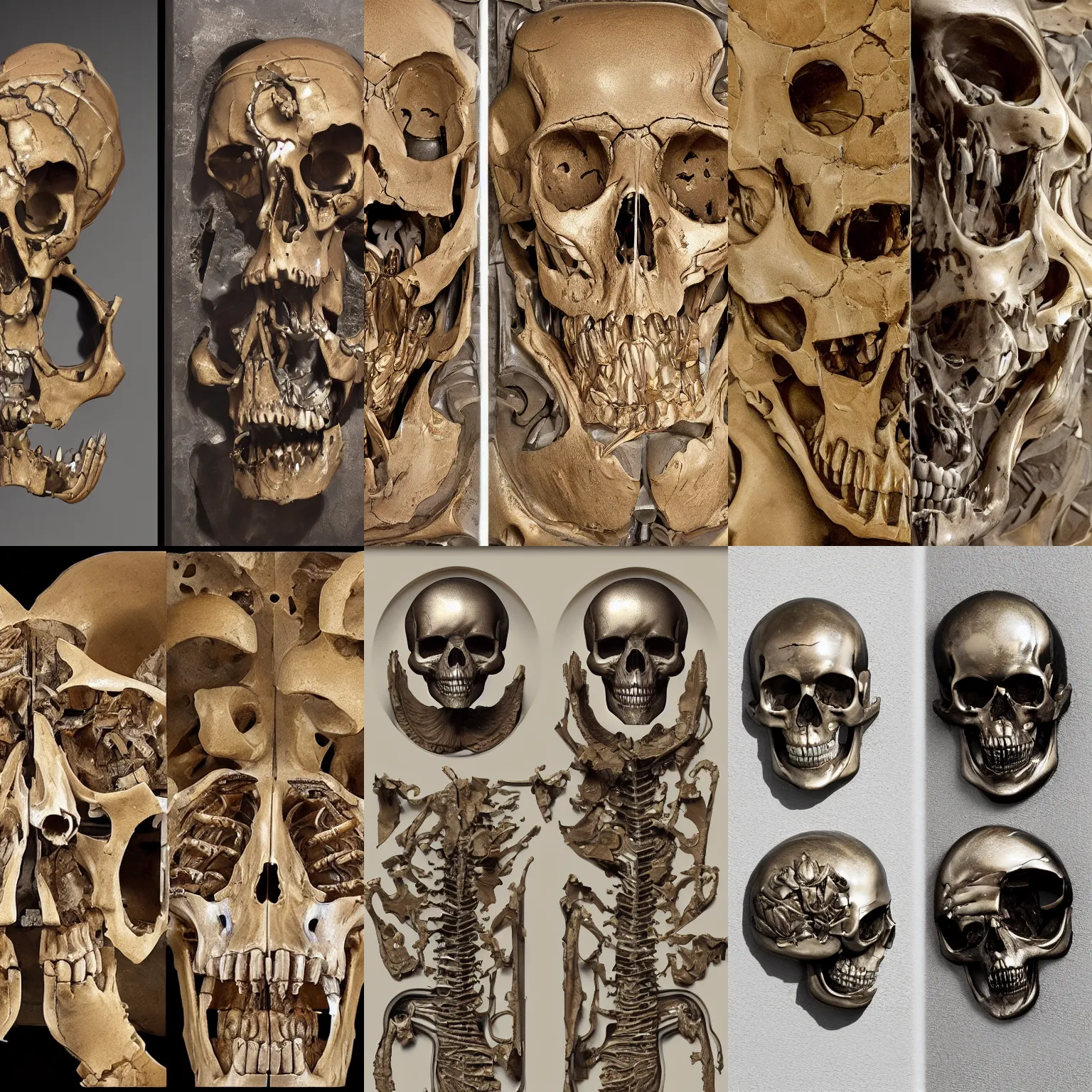 Prompt: epic diptych, flat shaped chrome relief, fossil, mechanic bionic fungus flower cat skull skeleton dissection relief, by Lorenzo Ghiberti, by Goga Tandashvili, artstation, cgsociety, at Khajuraho, by jonathan ivy