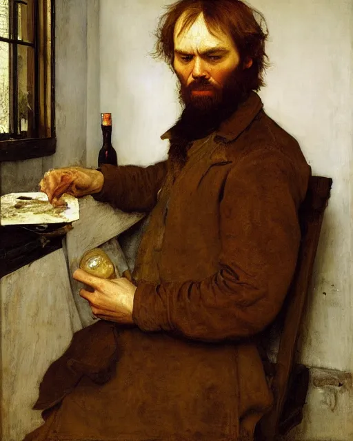 Image similar to dostoyevsky as an exhausted painter in his studio with a whiskey bottle by edgar maxence and caravaggio and michael whelan, intricate painting, hyper realistic, extremely detailed and beautiful aesthetic face, 8 k resolution