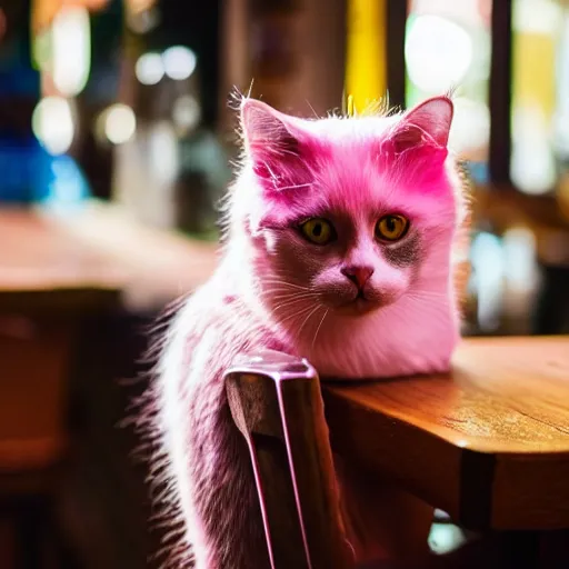 Image similar to cat with pink hair sitting in a bar smoking all alone