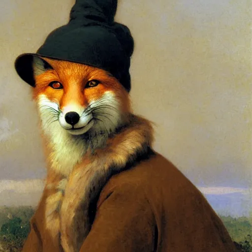 Prompt: A portrait of a fox wearing a scarf and a boater hat by Robert Cleminson and William-Adolph Bouguereau, painting of a fox in a hat