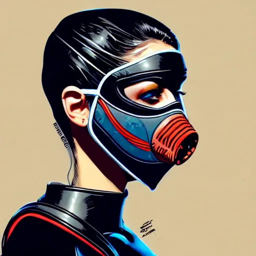 Prompt: a profile photo of a european woman with a diving mask with side profile blood in ocean intricate details by MARVEL comics and Sandra Chevrier-C