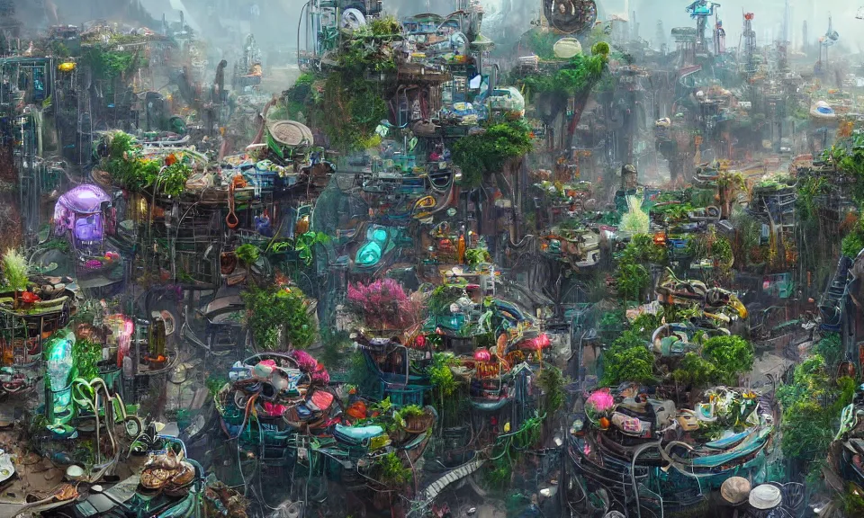 Prompt: biopunk town, trending on artstation, a town inspired by biological and plant-based industries and light industries. World renowned famous artists. Worth1000.net