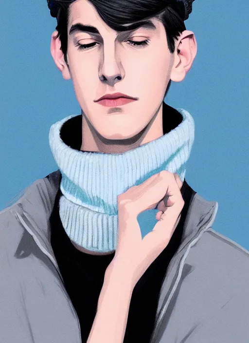 Image similar to portrait of teenage jughead jones wearing a light grey crown, crown, blue turtleneck, 1 9 5 0 s, closed eyes, photorealistic, black hair, glowing lighting, intricate, elegant, glowing lights, highly detailed, digital painting, artstation, concept art, smooth, sharp focus, illustration, art by wlop, mars ravelo and greg rutkowski