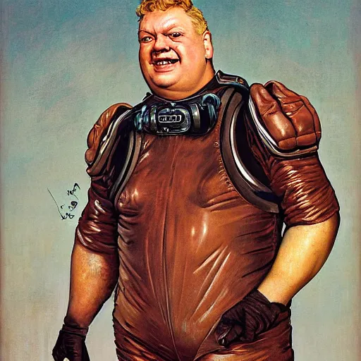 Image similar to upper body portrait of eric scott esch as baron harkonnen from the movie dune wearing a leather spacesuit finding something highly amusing, painted by norman rockwell and tom lovell and frank schoonover