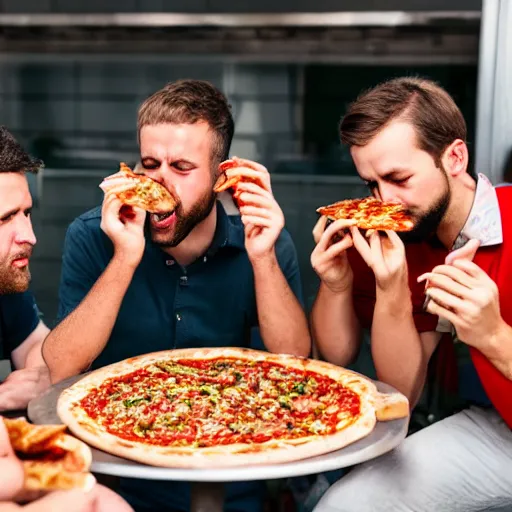 Prompt: photograph of 4 guys eating kebab pizza