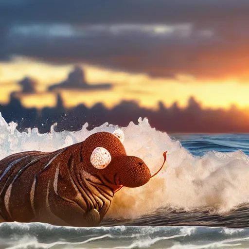 Image similar to a closeup photorealistic photograph of a cute smiling knitted tiger hippopotamus riding an epic wave at sunset. surf in the background. professional capture. brightly lit scene. this 4 k hd image is trending on artstation, featured on behance, well - rendered, extra crisp, features intricate detail, epic composition and the style of unreal engine.