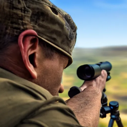 Prompt: A sniper looking through a scope to look for big game to hunt, hyper realistic, 4k, HDR, super detailed