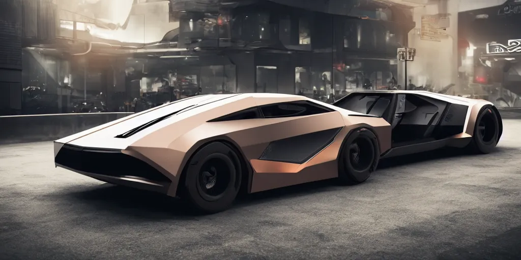 Image similar to a design of a futuristic DMC Delorian, designed by Polestar, blade runner background, back view, light copper car paint, black windows, sportscar, black show room, dramatic lighting, octane rendering, unreal engine rendering, hyper realistic render, depth of field, octane rendering