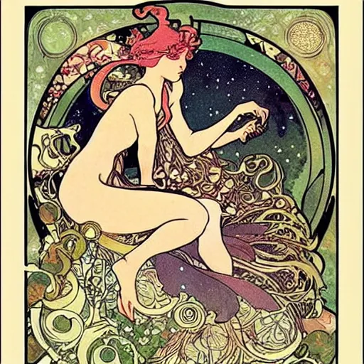 Image similar to princess fairy creating planets, art nouveau by Mucha, beautiful detailed illustration