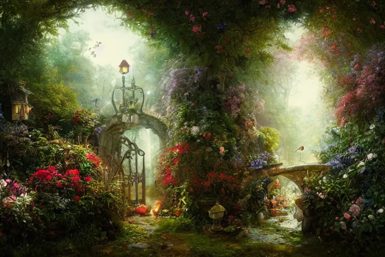 Image similar to gateway to fairyland, fireflies, mushrooms, multicoloured flowers, the secret garden. the hidden garden. private garden. andreas achenbach, artgerm, mikko lagerstedt, zack snyder, tokujin yoshioka