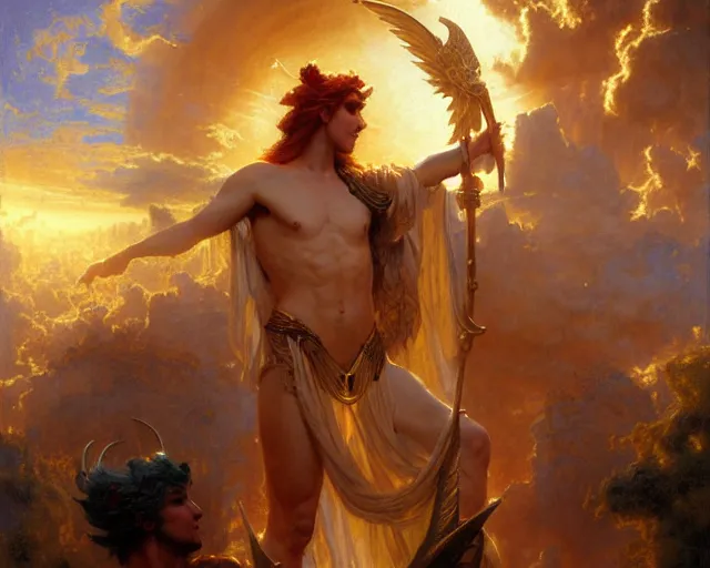 Image similar to attractive pagan male deity, summoning handsome lucifer morning star. highly detailed painting by gaston bussiere, craig mullins, j. c. leyendecker 8 k