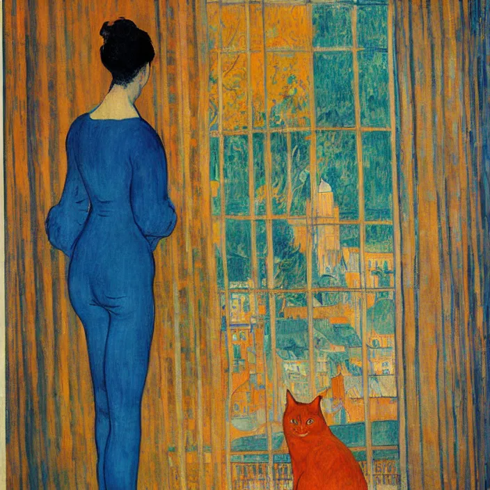 Image similar to woman and giant orange cat with city with gothic cathedral and tall trees seen from a window frame with curtains. dark indigo blue, turquoise, gold, earth brown. autumn light. delville jean, henri de toulouse - lautrec, utamaro, matisse, monet