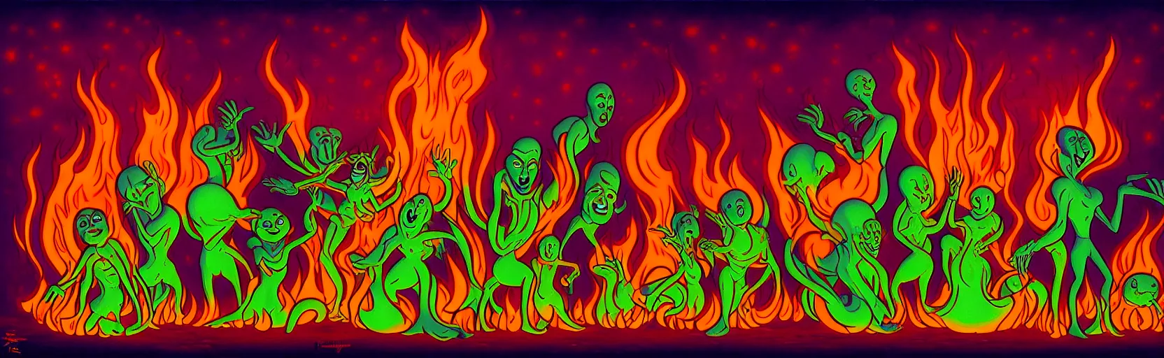 Prompt: uncanny repressed mutants from the depths of a festive imaginal realm in the collective unconscious, dramatic fire glow lighting, surreal dark 1 9 3 0 s fleischer cartoon characters, surreal painting by ronny khalil