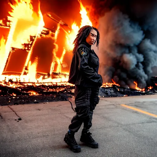 Image similar to Candid extreme wide shot of a poor techwear mixed woman with short hair and tattoos outside of a futuristic Los Angeles on fire, a police MRAP on fire, cyberpunk, 4k, extreme long shot, desaturated, full shot, action shot, motion blur, depth of field, sigma 85mm f/1.4, high resolution, 4k, 8k, hd, full color, award winning photography, war photography