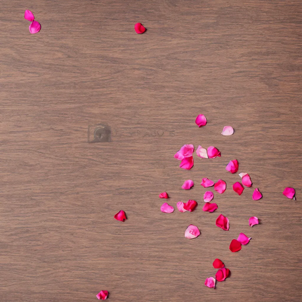 Image similar to top down view with rose petals on top of wooden table, wallpaper, 4k, photorealistic