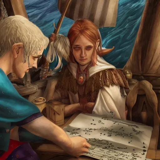 Image similar to a sea elf trying to get an incredibly sweaty commander to sign a piece of parchment fantasy 4k