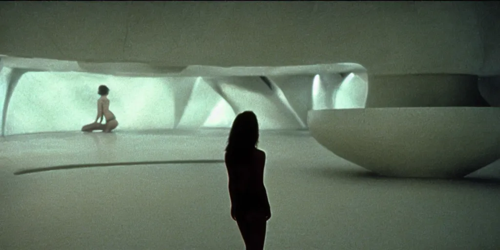 Image similar to color film still, view from behind, a woman in black bikini standing in front of a large wall depicting the beach inside a spaceship ; alien 2 ( 1 9 8 6 )